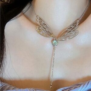 Silver Butterfly Wing Rhinestone Necklace